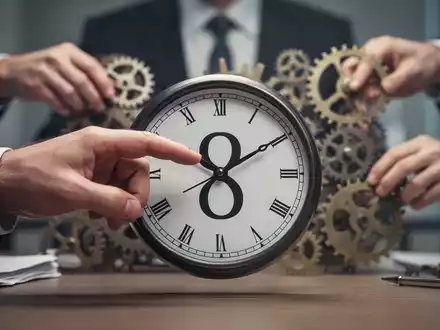 Eine unscharfe Hand greift nach einer Uhr mit der Ziffer 8, während im Hintergrund Zahnräder und Getriebe verschwimmen. - Foto: über boerse-global.de