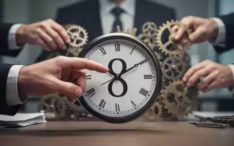 Eine unscharfe Hand greift nach einer Uhr mit der Ziffer 8, während im Hintergrund Zahnräder und Getriebe verschwimmen. - Foto: über boerse-global.de
