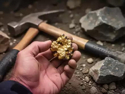 Eine Hand hält ein Goldnugget, im Hintergrund ein Geologenhammer und Gesteinsproben. - Foto: über boerse-global.de