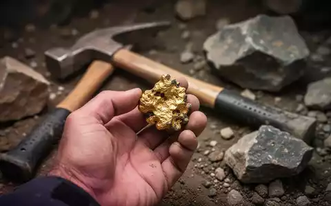 Eine Hand hält ein Goldnugget, im Hintergrund ein Geologenhammer und Gesteinsproben. - Foto: über boerse-global.de