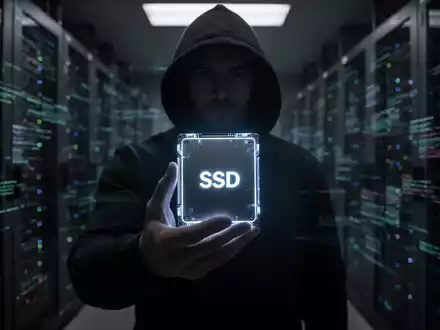 A shadowy figure holds an unencrypted SSD in a dark server room, symbolizing data breaches and lost hardware. - Foto: über boerse-global.de