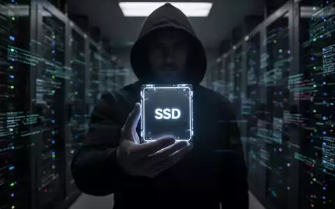 A shadowy figure holds an unencrypted SSD in a dark server room, symbolizing data breaches and lost hardware. - Foto: über boerse-global.de