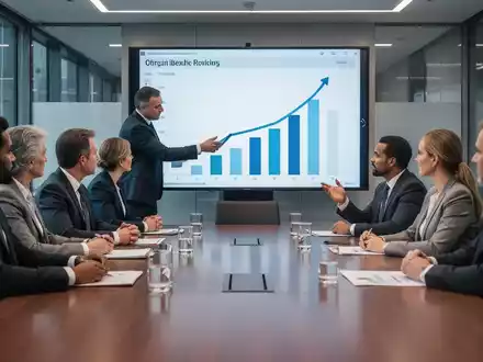 Eine Gruppe von Führungskräften diskutiert an einem Tisch in einem modernen Konferenzraum, während eine Präsentation mit einem steigenden Diagramm gezeigt wird. - Foto: über boerse-global.de