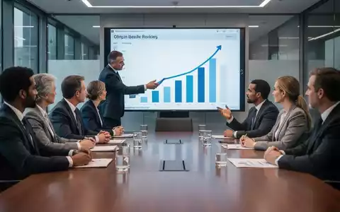 Eine Gruppe von Führungskräften diskutiert an einem Tisch in einem modernen Konferenzraum, während eine Präsentation mit einem steigenden Diagramm gezeigt wird. - Foto: über boerse-global.de