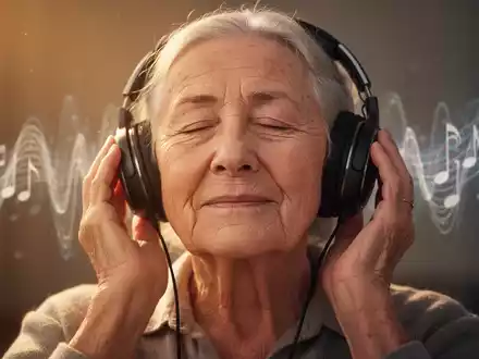 Eine ältere Person mit geschlossenen Augen hört Musik über Kopfhörer, umgeben von sanftem Licht und abstrakten musikalischen Elementen. - Foto: über boerse-global.de