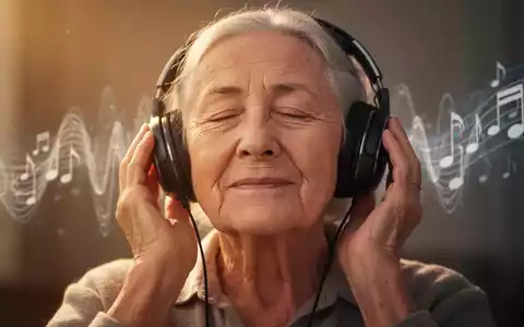 Eine ältere Person mit geschlossenen Augen hört Musik über Kopfhörer, umgeben von sanftem Licht und abstrakten musikalischen Elementen. - Foto: über boerse-global.de