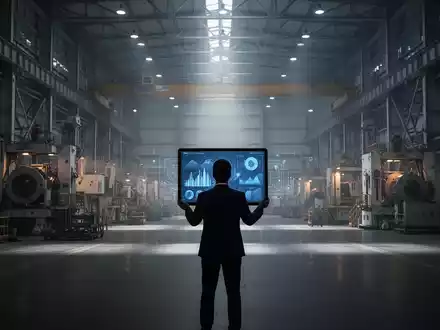 Eine Silhouette in einer Fabrikhalle, die auf einem Tablet Datenvisualisierungen betrachtet, die hohe Krankenstände darstellen. - Foto: über boerse-global.de