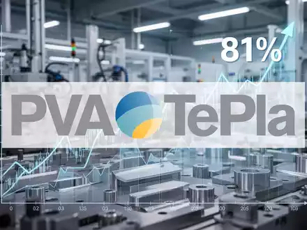 Eine stilisierte, nach oben zeigende Börsenkurve mit einem 81%igen Anstieg vor dem Hintergrund einer High-Tech-Fertigungsanlage. - Foto: über boerse-global.de
