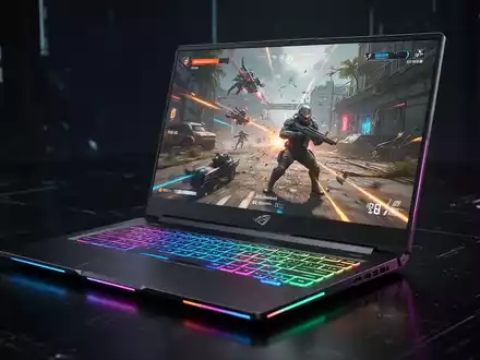 A modern, slim gaming laptop with an illuminated RGB keyboard and a bright screen displaying a game, set against a dark, reflective background. - Foto: über boerse-global.de
