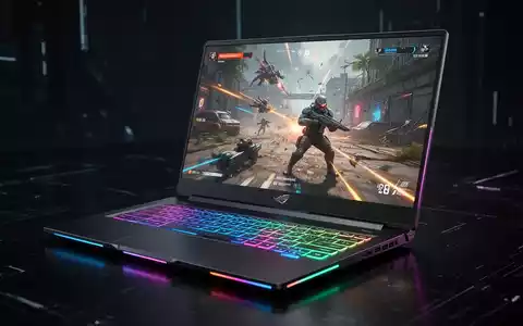 A modern, slim gaming laptop with an illuminated RGB keyboard and a bright screen displaying a game, set against a dark, reflective background. - Foto: über boerse-global.de