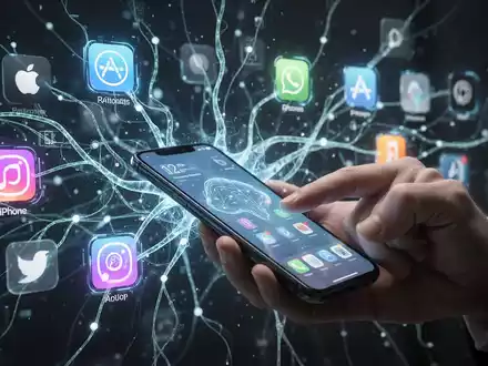 A stylized neural network connecting app icons and a hand using a smartphone, representing AI integration in mobile automation. - Foto: über boerse-global.de