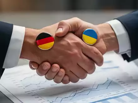 Zwei Hände, eine mit deutscher und eine mit ukrainischer Flagge, schütteln sich über einem Dokument mit Finanzdaten. - Foto: über boerse-global.de