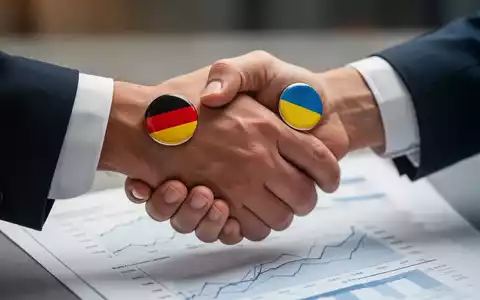 Zwei Hände, eine mit deutscher und eine mit ukrainischer Flagge, schütteln sich über einem Dokument mit Finanzdaten. - Foto: über boerse-global.de