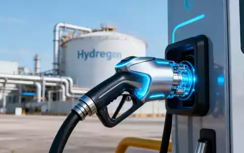 Nahaufnahme einer modernen Wasserstoff-Brennstoffzelle mit blauer Beleuchtung und verschwommener Industrieanlage im Hintergrund. - Foto: über boerse-global.de