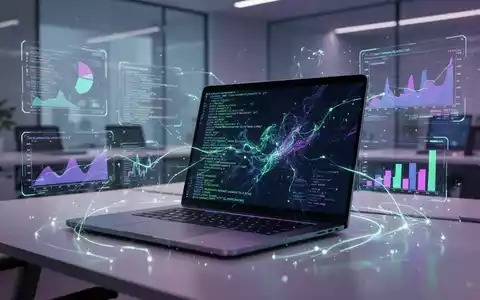 Ein futuristischer Laptop zeigt Code und holografische Finanzdaten in einem modernen Büro. - Foto: über boerse-global.de