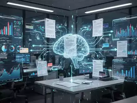 Eine digitale Schnittstelle zeigt Finanzdaten und Diagramme, umgeben von stilisierten Darstellungen von KI und digitalen Dokumenten, die Automatisierung symbolisieren. - Foto: über boerse-global.de
