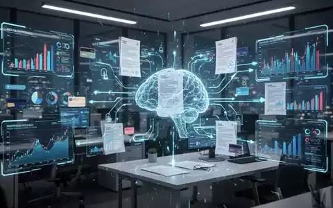 Eine digitale Schnittstelle zeigt Finanzdaten und Diagramme, umgeben von stilisierten Darstellungen von KI und digitalen Dokumenten, die Automatisierung symbolisieren. - Foto: über boerse-global.de