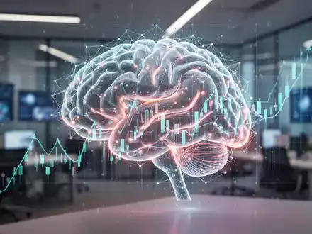 A glowing neural network brain intertwined with a subtle financial graph, set against a blurred background of a modern tech office. - Foto: über boerse-global.de