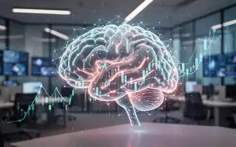 A glowing neural network brain intertwined with a subtle financial graph, set against a blurred background of a modern tech office. - Foto: über boerse-global.de