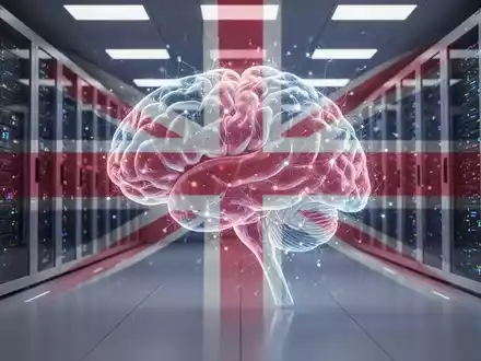 Ein stilisiertes, leuchtendes neuronales Netzwerk in einem futuristischen Serverraum mit subtilen Union Jack-Farben. - Foto: über boerse-global.de