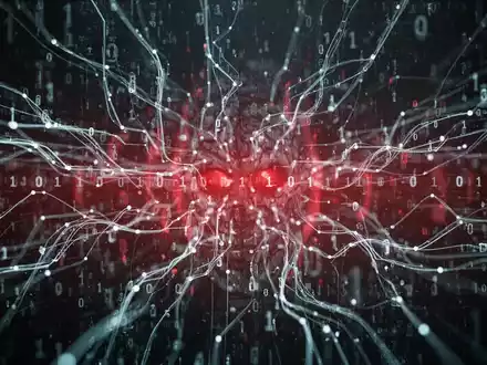 An abstract digital image representing cybersecurity, with glowing data streams and binary code, and a subtle red threat. - Foto: über boerse-global.de