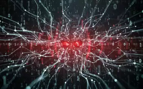 An abstract digital image representing cybersecurity, with glowing data streams and binary code, and a subtle red threat. - Foto: über boerse-global.de