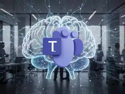 Ein stilisiertes KI-Gehirn, das sich mit dem Microsoft Teams-Logo verbindet, umgeben von Datenströmen und menschlichen Silhouetten. - Foto: über boerse-global.de