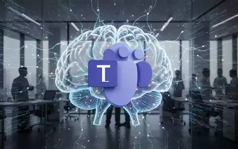 Ein stilisiertes KI-Gehirn, das sich mit dem Microsoft Teams-Logo verbindet, umgeben von Datenströmen und menschlichen Silhouetten. - Foto: über boerse-global.de