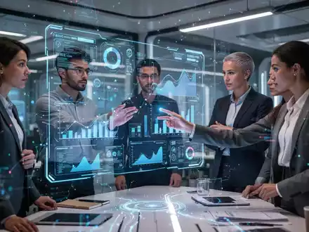 Professionelle in einem modernen Büro arbeiten mit holografischen Datenvisualisierungen, die den Einfluss von KI auf Arbeitsplätze symbolisieren. - Foto: über boerse-global.de
