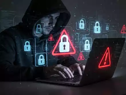 A person in a hoodie typing on a laptop, surrounded by digital security symbols, representing a cybersecurity threat and legal action. - Foto: über boerse-global.de