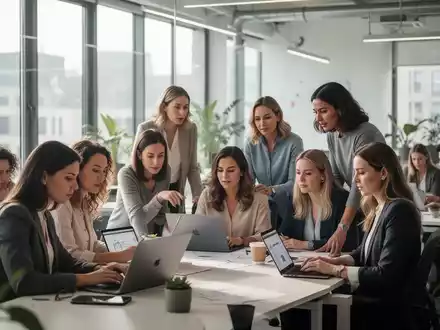 Eine vielfältige Gruppe von Erwachsenen, hauptsächlich Frauen, arbeitet in einem modernen, hellen Co-Working-Space zusammen, einige an Laptops. - Foto: über boerse-global.de