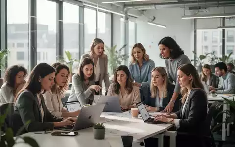Eine vielfältige Gruppe von Erwachsenen, hauptsächlich Frauen, arbeitet in einem modernen, hellen Co-Working-Space zusammen, einige an Laptops. - Foto: über boerse-global.de