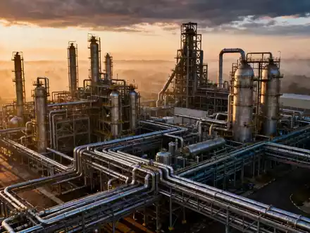 Luftaufnahme eines weitläufigen, modernen Chemieanlagenkomplexes bei Sonnenaufgang oder -untergang, mit komplexen Rohrleitungen. - Foto: über boerse-global.de