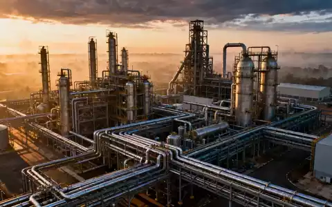 Luftaufnahme eines weitläufigen, modernen Chemieanlagenkomplexes bei Sonnenaufgang oder -untergang, mit komplexen Rohrleitungen. - Foto: über boerse-global.de