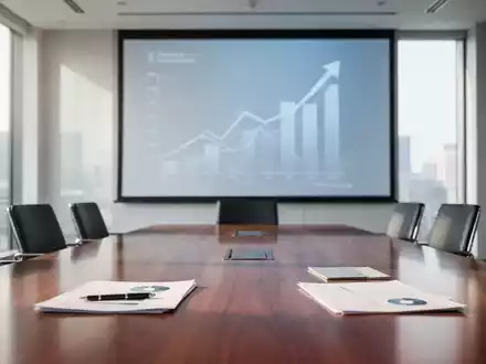 Ein moderner Konferenzraum mit einem Bildschirm, der Wachstumsdiagramme anzeigt, und einem Tisch mit Dokumenten, der Geschäftserfolg symbolisiert. - Foto: über boerse-global.de