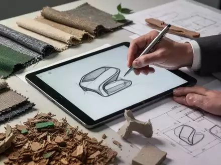 Hände eines Designers, die auf einem Tablet ein Produktdesign skizzieren, umgeben von Stoffmustern und recycelten Materialien. - Foto: über boerse-global.de