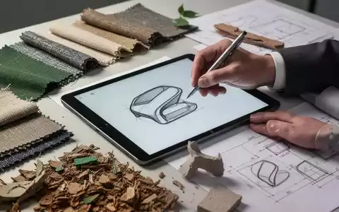 Hände eines Designers, die auf einem Tablet ein Produktdesign skizzieren, umgeben von Stoffmustern und recycelten Materialien. - Foto: über boerse-global.de