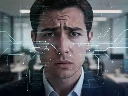 Ein Gesicht, teilweise verdeckt von digitalen Datenströmen, symbolisiert algorithmischen Druck und Überwachung am Arbeitsplatz. - Foto: über boerse-global.de