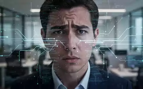 Ein Gesicht, teilweise verdeckt von digitalen Datenströmen, symbolisiert algorithmischen Druck und Überwachung am Arbeitsplatz. - Foto: über boerse-global.de