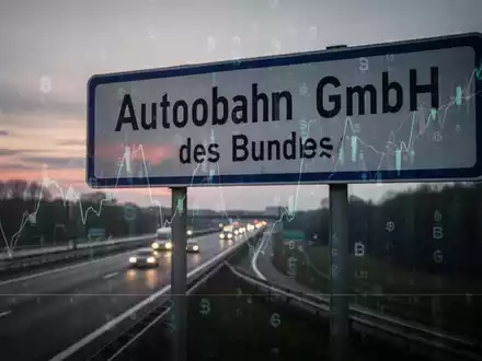 Eine Autobahn bei Dämmerung mit einem Schild der Autobahn GmbH des Bundes und angedeuteten Finanzsymbolen. - Foto: über boerse-global.de