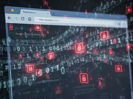 Abstrakte Darstellung von Cybersicherheitsbedrohungen: Binärcode fließt über einen Browser, rote Warnungen symbolisieren Schwachstellen und Angriffe. - Foto: über boerse-global.de