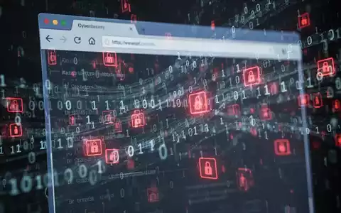Abstrakte Darstellung von Cybersicherheitsbedrohungen: Binärcode fließt über einen Browser, rote Warnungen symbolisieren Schwachstellen und Angriffe. - Foto: über boerse-global.de