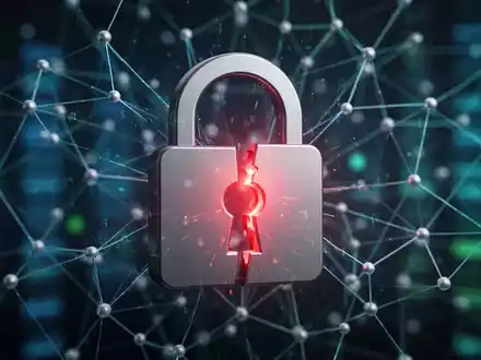 Ein digitales Vorhängeschloss-Symbol über einem verschwommenen Netzwerk von Datenpunkten, das ein Datenleck darstellt. - Foto: über boerse-global.de