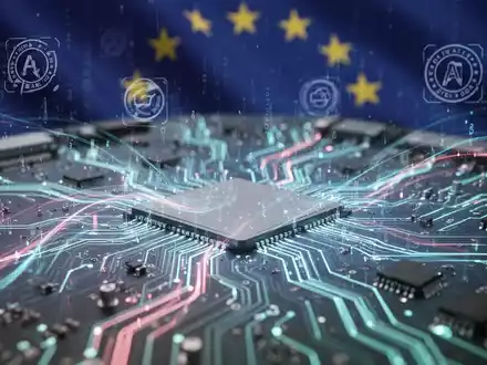 Ein abstraktes Bild einer leuchtenden Leiterplatte mit digitalen Datenströmen und stilisierten EU-Symbolen, das KI-Regulierung darstellt. - Foto: über boerse-global.de