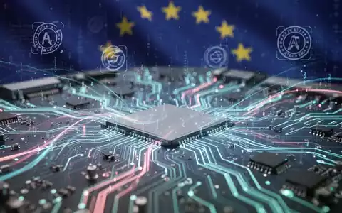 Ein abstraktes Bild einer leuchtenden Leiterplatte mit digitalen Datenströmen und stilisierten EU-Symbolen, das KI-Regulierung darstellt. - Foto: über boerse-global.de