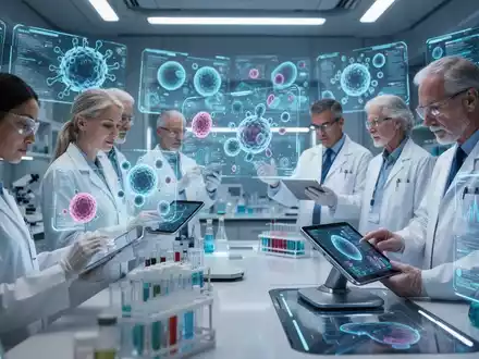 Eine Gruppe von Wissenschaftlern in einem hochmodernen Labor, die an holografischen Displays und Computern forschen, Symbol für Langlebigkeitsmedizin. - Foto: über boerse-global.de