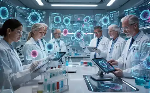 Eine Gruppe von Wissenschaftlern in einem hochmodernen Labor, die an holografischen Displays und Computern forschen, Symbol für Langlebigkeitsmedizin. - Foto: über boerse-global.de