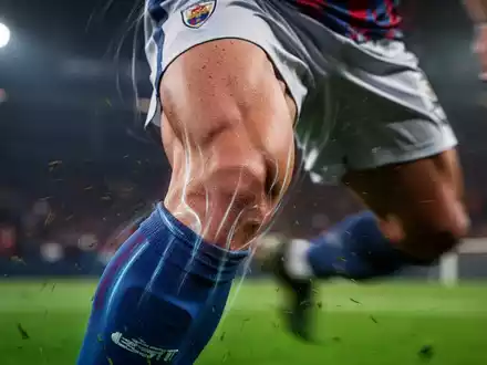 Nahaufnahme eines Knies eines Fußballspielers in Bewegung, mit Fokus auf die Gelenkmechanik und Muskelspannung. Keine Verletzungen. - Foto: über boerse-global.de