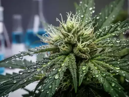 Nahaufnahme einer Cannabispflanze mit sichtbaren Trichomen und Terpenen, die vor einem verschwommenen Laborhintergrund glänzen. - Foto: über boerse-global.de