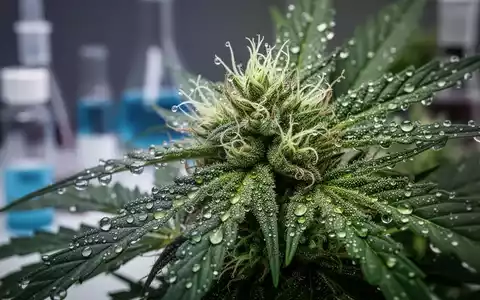 Nahaufnahme einer Cannabispflanze mit sichtbaren Trichomen und Terpenen, die vor einem verschwommenen Laborhintergrund glänzen. - Foto: über boerse-global.de